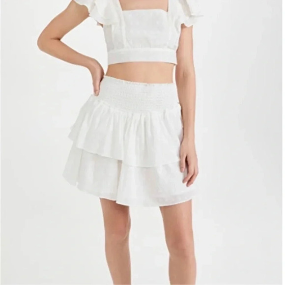 MinkPink Whitewash Mini Skirt Shirred Waistband Double Ruffle Detail Size XS NWT - Picture 1 of 13